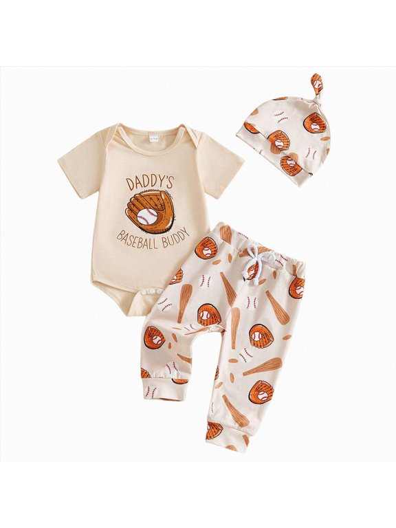 My First Baseball Season Baby Boy Outfit Newborn Letter Print Short Sleeve Romper Baseball Pants Hat 3Pcs Outfits Set