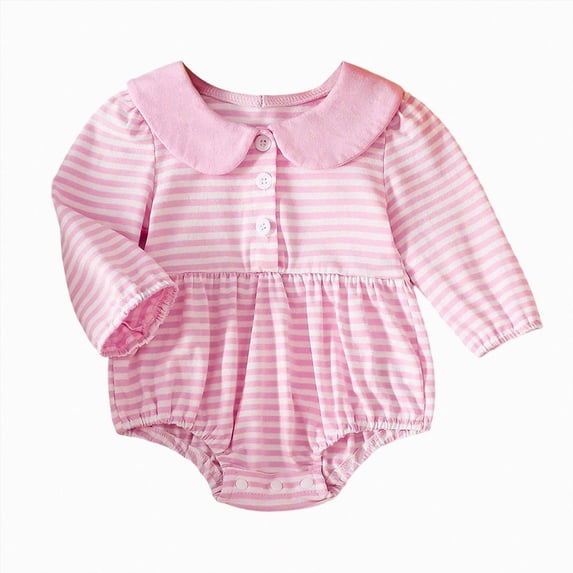 felwors Newborn Baby Boy Girl Fall Outfit Long Sleeve Bubble Romper Peter Pan Collar Striped Bodysuit One Piece Clothes