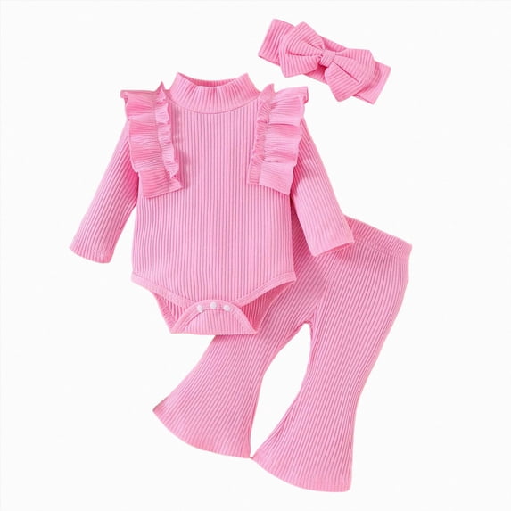 felwors Newborn Baby Girl Fall Outfit Long Sleeve Romper Pants 3 Pcs Set | 3 Piece Baby Girl Clothes Newborn Coming Home Outfit Flower Long Sleeve Onesie Flared Pants Infant Clothes