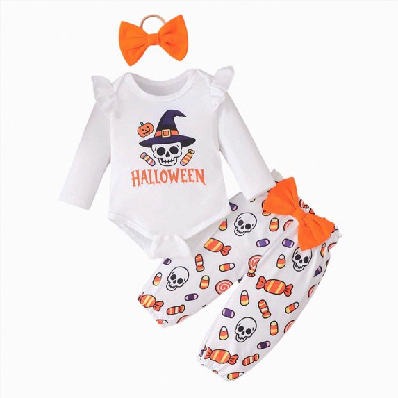 felwors Newborn Baby Girl Halloween Outfit Ruffle Long Sleeve Romper Bodysuit Bow Pants Set Cute Infant Fall Winter Clothes