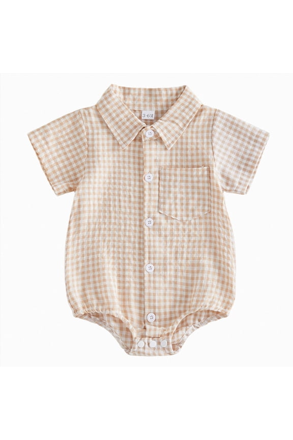 Newborn Infant Boy Summer Clothes Gingham Button Down Bubble Romper Short Sleeve Plaid Collared Bodysuit(Beige,0-3 Months)