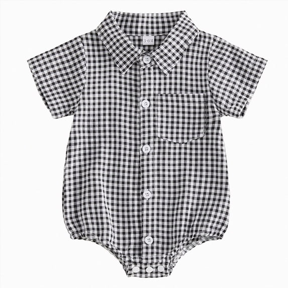 felwors Newborn Infant Boy Summer Clothes Gingham Button Down Bubble Romper Short Sleeve Plaid Collared Bodysuit(Black,12-18 Months)