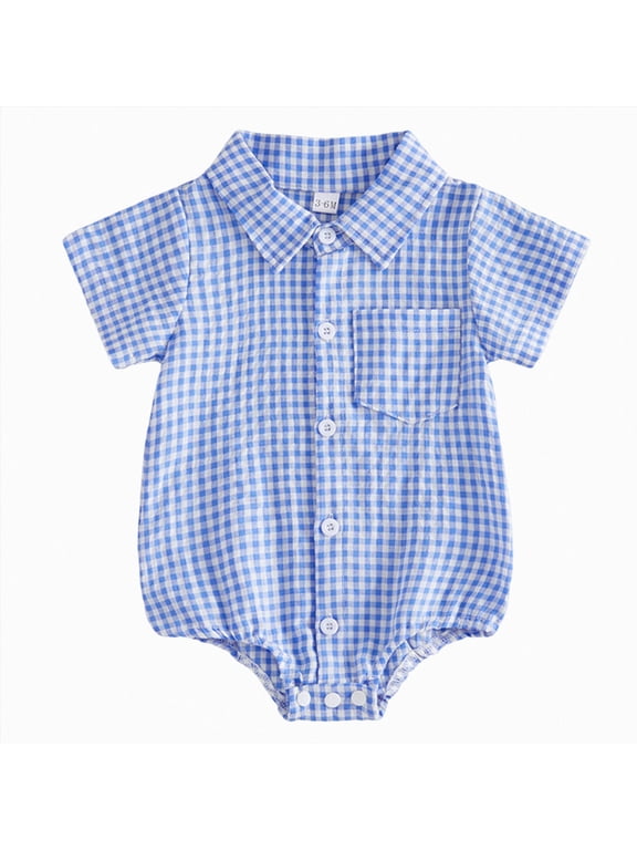 Newborn Infant Boy Summer Clothes Gingham Button Down Bubble Romper Short Sleeve Plaid Collared Bodysuit(Blue,0-3 Months)