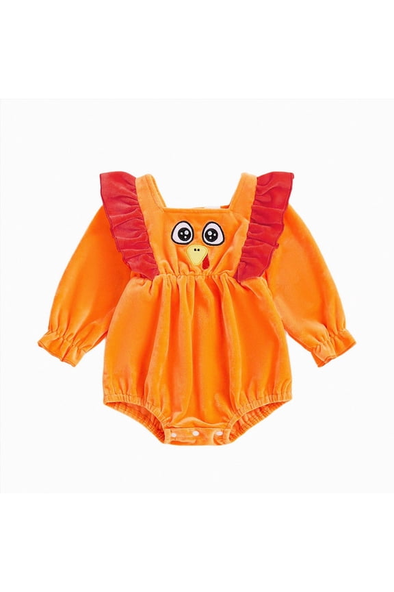 Newborn Thanksgiving Baby Girl Outfit Turkey Romper Square Neck Long Sleeve Ruffle Bodysuit Fall Winter Clothes