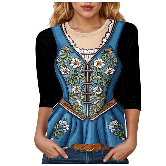 felwors Oktoberfest Womens Shirt Funny Graphic German Shirts 3/4 Sleeve October Festival Costume Oktoberfest Outfits Light Blue, XXL