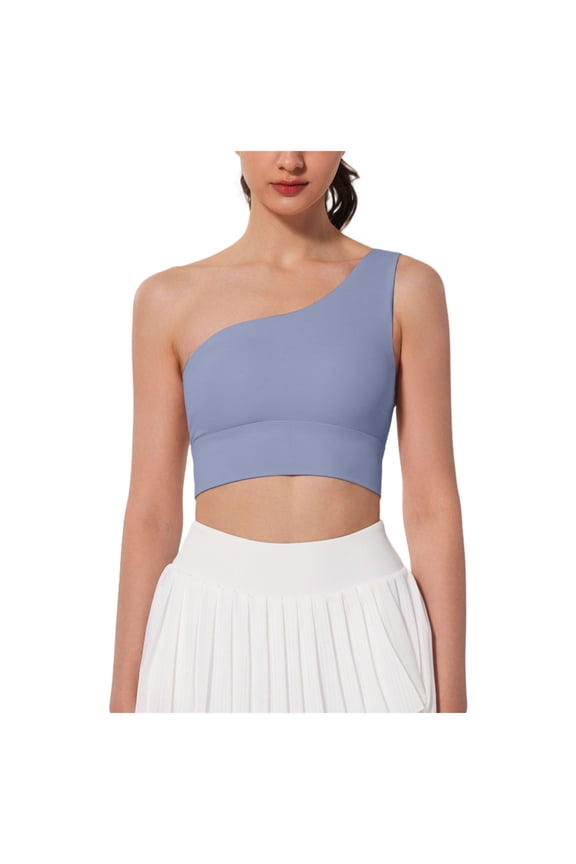 One Shoulder Sports Bras for Women Low Impact Asymmetrical Workout Tops Padded Yoga Right Shoulder Strap Bra (Blue, M)