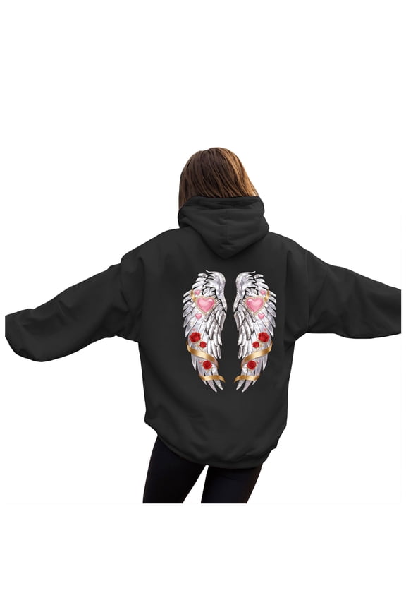 Oversized Angel Wings Graphic Hoodie for Teens & Young Adults - Trendy Y2K Preppy Long Sleeve Sweatshirt with Heart & Rose Accents & Pockets(Black, XXL)