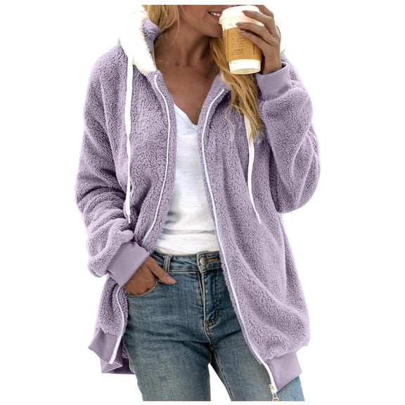 felwors Oversized Fuzzy Fleece Jackets for Women Fashion 2025 Color Block Faux Fur Cardigan Coat Shaggy Warm Winter Outerwear Purple, XL