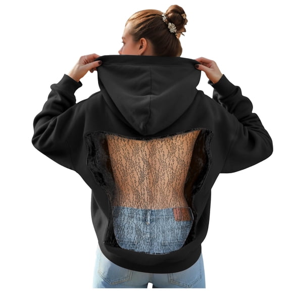 felwors Oversized Hollow Mesh Back Hoodie for Women - Crystal-Embellished Casual Pullover Long Sleeve Sweatshirt With Pocket(Dark Blue, XXL)