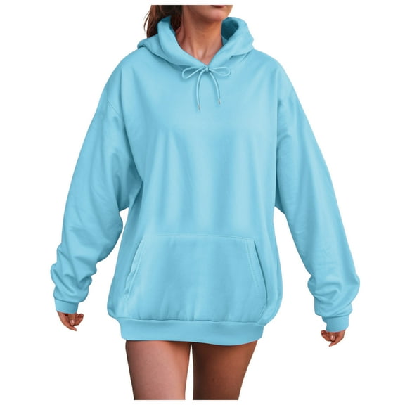 felwors Oversized Hoodies For Women Plus Size Long Sleeve Drawstring With Pockets Pullover Sweatshirt Trendy Winter Clothes Light Blue, XXL