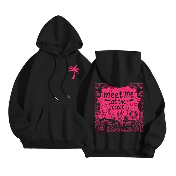 felwors Women's Ocean Graphic Oversized Pullover Hoodie Cotton Blend Casual Sweatshirt Black for Size XL