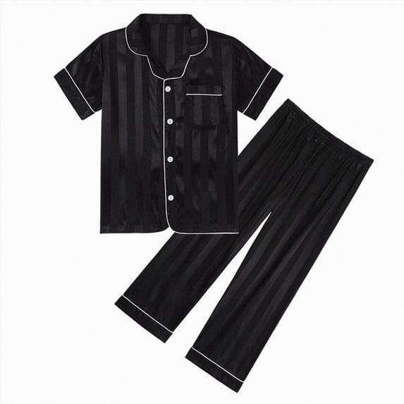 felwors Pajamas for Girls Short Sleeve Long Pants Sleepwear Button Pjs Set Soft & Lightweight & Cozy, Machine Washable, 2Pcs Nightwear for Kids Sleep & Party & Gift (Black,7-8 Years)