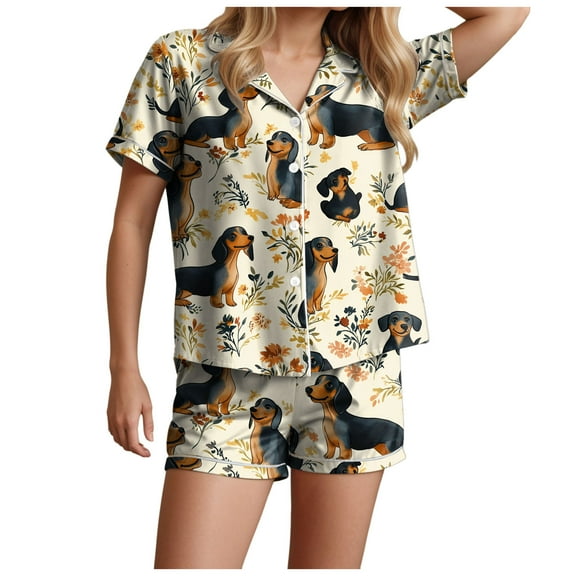 felwors Pajamas for Women Set Short Sleeve Button-Down 2 Piece PJ Set Lounge Sleepwear Cute Graphic Tees PJ Set Khaki, L