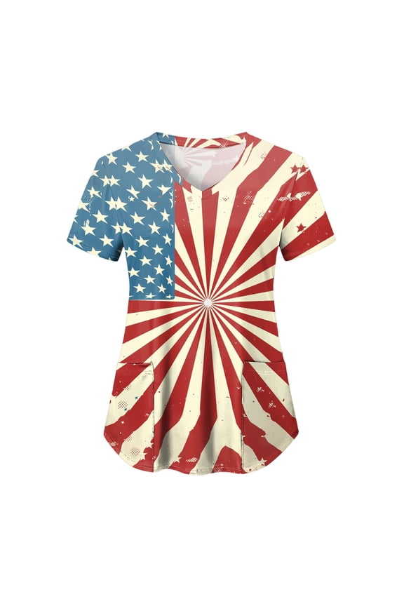Patriotic Scrub Tops for Women 4th of July Flag Print V Neck Tee Short Sleeve Casual Tops Working Uniform (Watermelon Red, XXL)