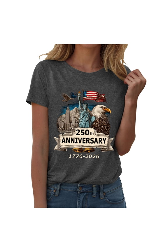 Patriotic Shirt Women 250 Anniversary USA Shirt Flag Print Tops 1776-2026 Tshirt (Grey, XL)