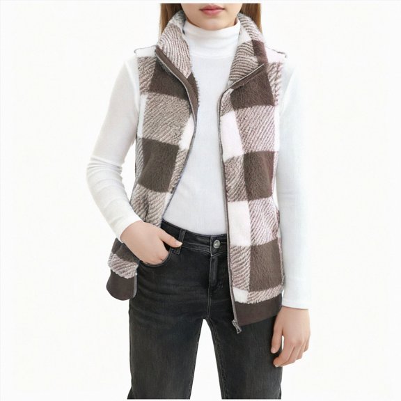 felwors Plaid Jacket for Teen Girls Sleeveless Fleece Vest Full Zipper Stand Collar Jacket Warm Outwear Teen Shacket Clothes