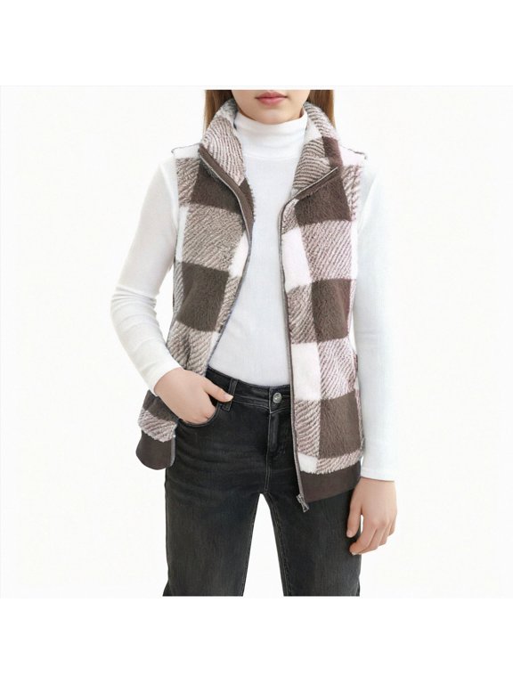 Plaid Jacket for Teen Girls Sleeveless Fleece Vest Full Zipper Stand Collar Jacket Warm Outwear Teen Shacket Clothes