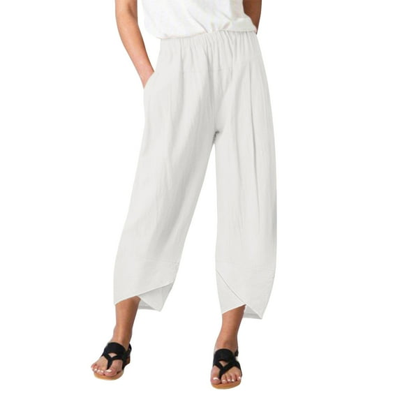 felwors Plus Size Capris Pants for Women Cotton Linen Wide Leg Casual Summer Comfy High Waisted Loose Crop Pants Pockets White, XXL