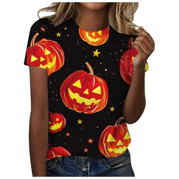 felwors Plus Size Halloween T Shirt Women Funny Graphic Print Fall Short Sleeve Tee Tops Red, L
