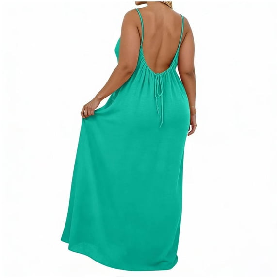 felwors Plus Size Maxi Dresses for Curvy Women Backless Cami Linen Dress Flowy Spaghetti Strap Midi Dress Long Summer Dresses (Mint Green, XL)