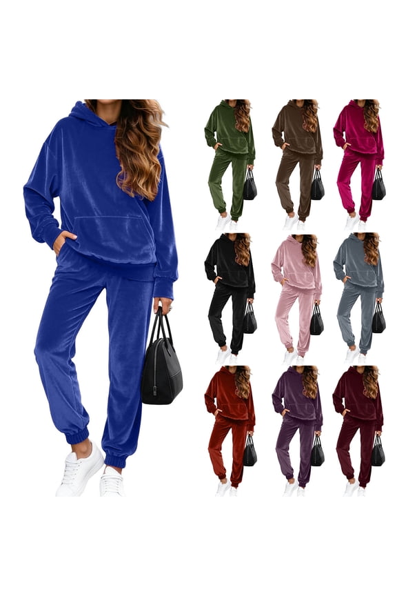Plus Size Sweatsuits Set for Women 2 Piece Velour Tracksuit Outfit Pullover Hoodie and Sweatpants with Pockets(Brown, L)