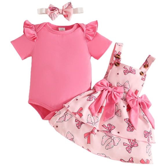 felwors Preemie Newborn Baby Girl Clothes Romper Suspender Dress Summer Outfits Ruffle Short Sleeve Set (3-6 Months,Hot Pink)