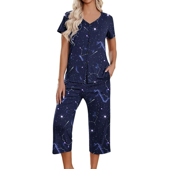 felwors PrinStory Women's Pajama Set Short Sleeve Shirt and Capri Pants Sleepwear Pjs Sets with Pockets Dark Blue, L