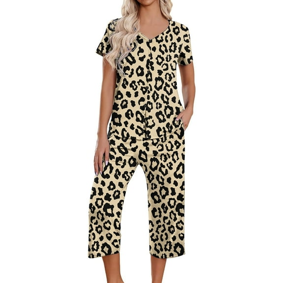 felwors PrinStory Women's Pajama Set Short Sleeve Shirt and Capri Pants Sleepwear Pjs Sets with Pockets Khaki, L