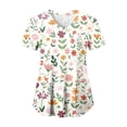 thumbnail image 1 of felwors Print Scrub Tops Women Floral Scrubs V Neck Short Sleeve Stretch Nurse Uniform with Pockets Functional Workwear (Beige, S), 1 of 5