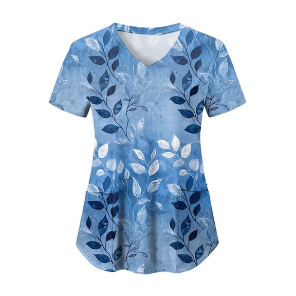 felwors Print Scrub Tops Women Floral Scrubs V Neck Short Sleeve Stretch Nurse Uniform with Pockets Functional Workwear (Blue, L)