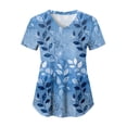 thumbnail image 1 of felwors Print Scrub Tops Women Floral Scrubs V Neck Short Sleeve Stretch Nurse Uniform with Pockets Functional Workwear (Blue, S), 1 of 5