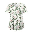 thumbnail image 1 of felwors Print Scrub Tops Women Floral Scrubs V Neck Short Sleeve Stretch Nurse Uniform with Pockets Functional Workwear (Green, L), 1 of 5