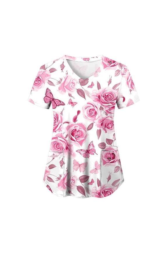 Print Scrub Tops Women Floral Scrubs V Neck Short Sleeve Stretch Nurse Uniform with Pockets Functional Workwear (Hot Pink, L)