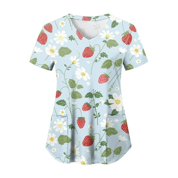 felwors Print Scrub Tops Women Floral Scrubs V Neck Short Sleeve Stretch Nurse Uniform with Pockets Functional Workwear (Light Blue, L)