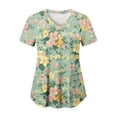 thumbnail image 1 of felwors Print Scrub Tops Women Floral Scrubs V Neck Short Sleeve Stretch Nurse Uniform with Pockets Functional Workwear (Light Green, L), 1 of 5