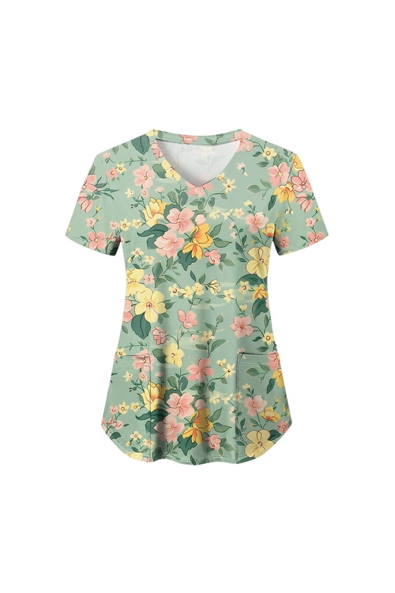 Print Scrub Tops Women Floral Scrubs V Neck Short Sleeve Stretch Nurse Uniform with Pockets Functional Workwear (Light Green, L)