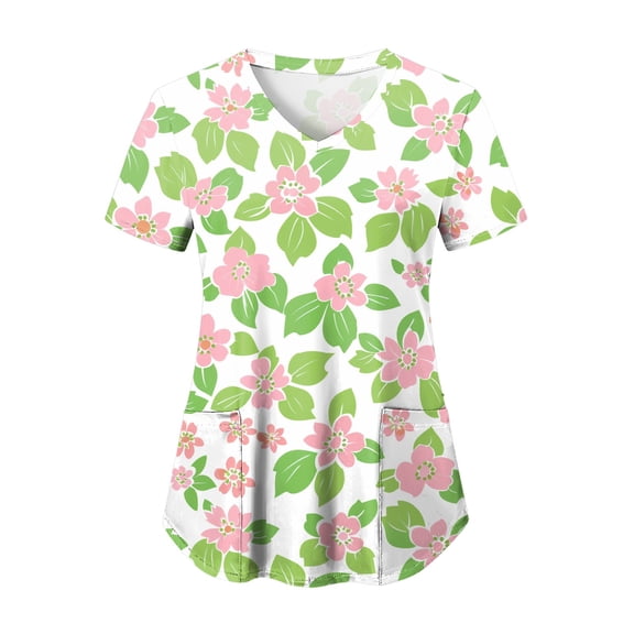 felwors Print Scrub Tops Women Floral Scrubs V Neck Short Sleeve Stretch Nurse Uniform with Pockets Functional Workwear (Light Green, M)