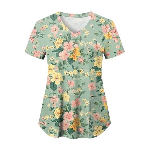 felwors Print Scrub Tops Women Floral Scrubs V Neck Short Sleeve Stretch Nurse Uniform with Pockets Functional Workwear (Light Green, XL)