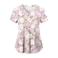 thumbnail image 1 of felwors Print Scrub Tops Women Floral Scrubs V Neck Short Sleeve Stretch Nurse Uniform with Pockets Functional Workwear (Pink, XXL), 1 of 5