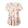 thumbnail image 1 of felwors Print Scrub Tops Women Floral Scrubs V Neck Short Sleeve Stretch Nurse Uniform with Pockets Functional Workwear (Pink, XXXL), 1 of 5