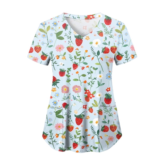 felwors Print Scrub Tops Women Floral Scrubs V Neck Short Sleeve Stretch Nurse Uniform with Pockets Functional Workwear (Sky Blue, XXXL)