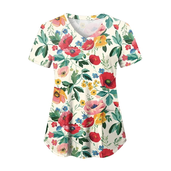 felwors Print Scrub Tops Women Floral Scrubs V Neck Short Sleeve Stretch Nurse Uniform with Pockets Functional Workwear (Watermelon Red, XL)