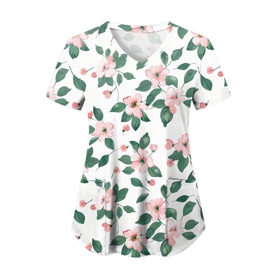 felwors Print Scrub Tops Women Floral Scrubs V Neck Short Sleeve Stretch Nurse Uniform with Pockets Functional Workwear (White, XL)