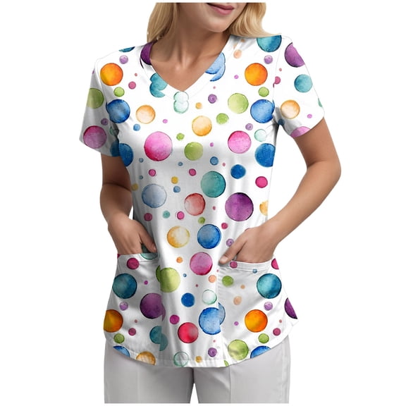 felwors Printed Scrub Tops Women V Neck Short Sleeve Plus Size Scrubs for Womens Nursing Uniforms Shirts with Pockets (Blue, XXXL)