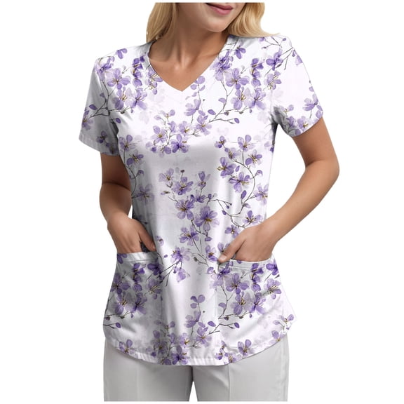 felwors Printed Scrub Tops Women V Neck Short Sleeve Plus Size Scrubs for Womens Nursing Uniforms Shirts with Pockets (Light Purple, XXXL)