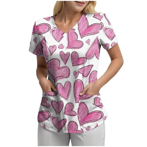 felwors Printed Scrub Tops Women V Neck Short Sleeve Plus Size Scrubs for Womens Nursing Uniforms Shirts with Pockets (Pink, L)