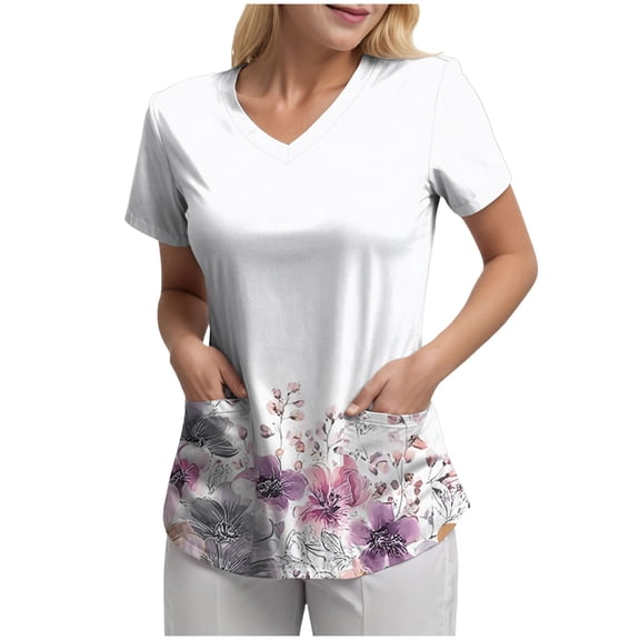 felwors Printed Scrub Tops Women V Neck Short Sleeve Plus Size Scrubs for Womens Nursing Uniforms Shirts with Pockets (White, S)