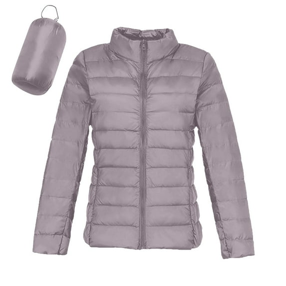 felwors Puffer Jacket Women Casual Feather Lightweight Down Jackets Packable Solid Color Puffer Coats With Storage Bag Winter Light Purple, M