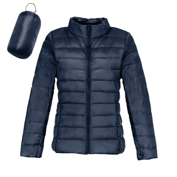 felwors Puffer Jacket Women Casual Feather Lightweight Down Jackets Packable Solid Color Puffer Coats With Storage Bag Winter Navy, M