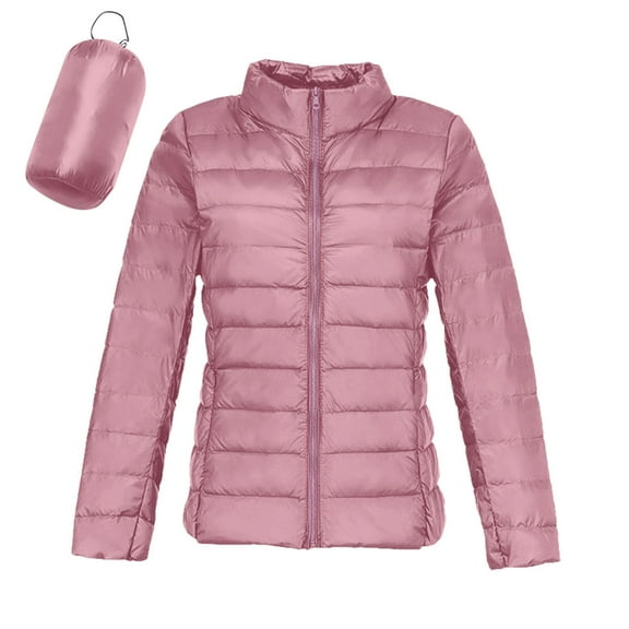 felwors Puffer Jacket Women Casual Feather Lightweight Down Jackets Packable Solid Color Puffer Coats With Storage Bag Winter Pink, L